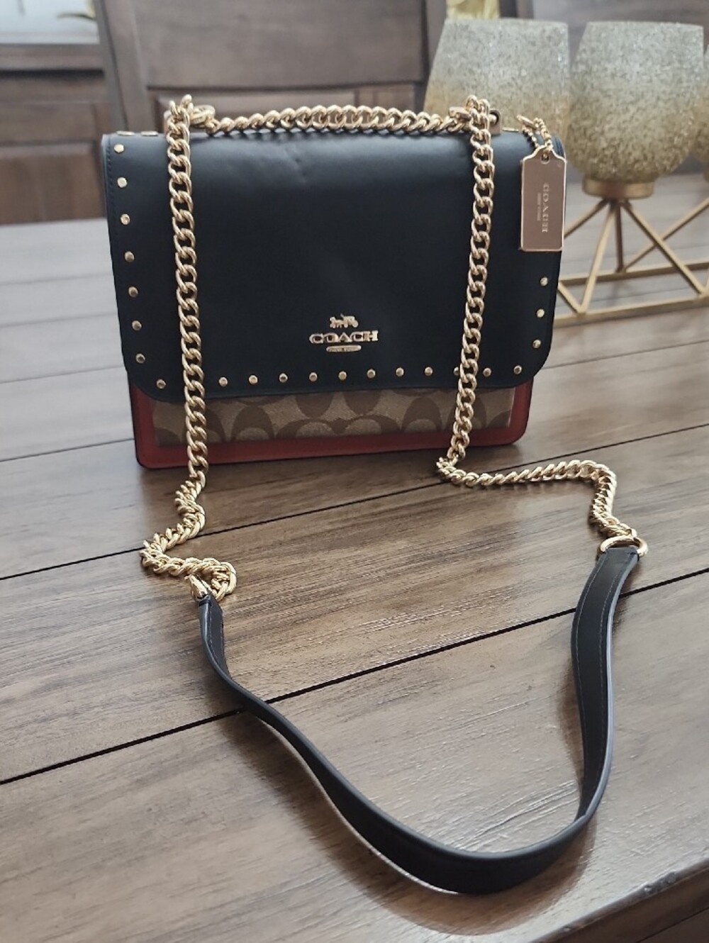 Coach Klare Blk, Brown, Signature  Leather Crossbody with Gold Studs Style 90400